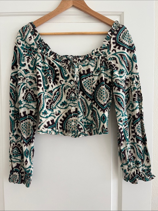 Love The Label Tops - Love The Label Paisley Green White Puff Sleeve Crop Top 100% Cotton Cowgirl